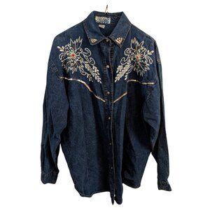 ✨ Vintage 90s Western Denim Shirt by Pretty Bleu | Sequin Floral Embroidery ✨